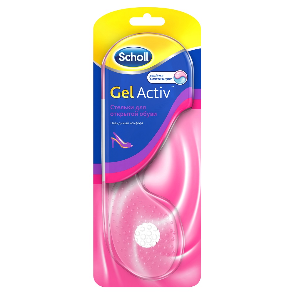 Scholl GelActiv Стельки для открытой обуви11974 Scholl GelActiv Стельки для открытой обуви11974• Двойная амортизация ударов • Анти-скользящая поверхность и 100% надежная фиксация стопы в обуви • Обеспечивают комфорт ногам • Ультратонкий и незаметный дизайн Scholl GelActiv Стельки для открытой обуви обеспечивают невидимый комфорт для открытой обуви, такой как босоножки: - Сверхтонкий и незаметный дизайн разработан специально для открытой обуви. - Обеспечивают упругость в подушечках стоп. - Не создают тесноты в обуви. - Анти-скользящая поверхность. - Благодаря смягчению нагрузки на стопы ноги не устают в течение дня. Со стельками Scholl GelActiv для модельной обуви теперь на каблуках удобно! Чувствуйте пружинящую мягкость в течение всего дня, незаметную даже в открытой обуви! Срок хранения не ограничен при условии соблюдения условий хранения. Храните изделие в защищённом от влаги и солнечного света месте при температуре не выше 40?С. Прекратите использование стелек при появлении раздражения. - Снимите защитную пленку на обратной стороне стельки...