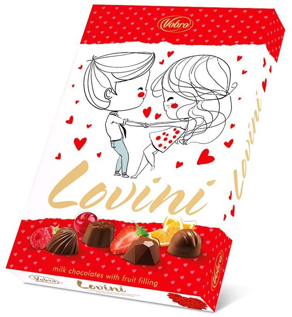 Vobro Lovini Ловини набор шоколадных конфет, 170 г5901177152903 Vobro Lovini Ловини набор шоколадных конфет, 170 г5901177152903Шоколадные конфеты Lovini - это ассорти восхитительных шоколадных конфет из качественного шоколада с различными начинками. Интенсивные фруктовые начинки в каждой пралине Lovini непременно поднимут настроение! К тому же, молочный шоколад… Само наслаждение! В упаковке вы найдете 4 разных вида: клубничный, апельсиновый, малиновый и вишневый. Удобная и красочная упаковка делает эти конфеты не только прекрасным лакомством, но и отличным подарком для своих близких.