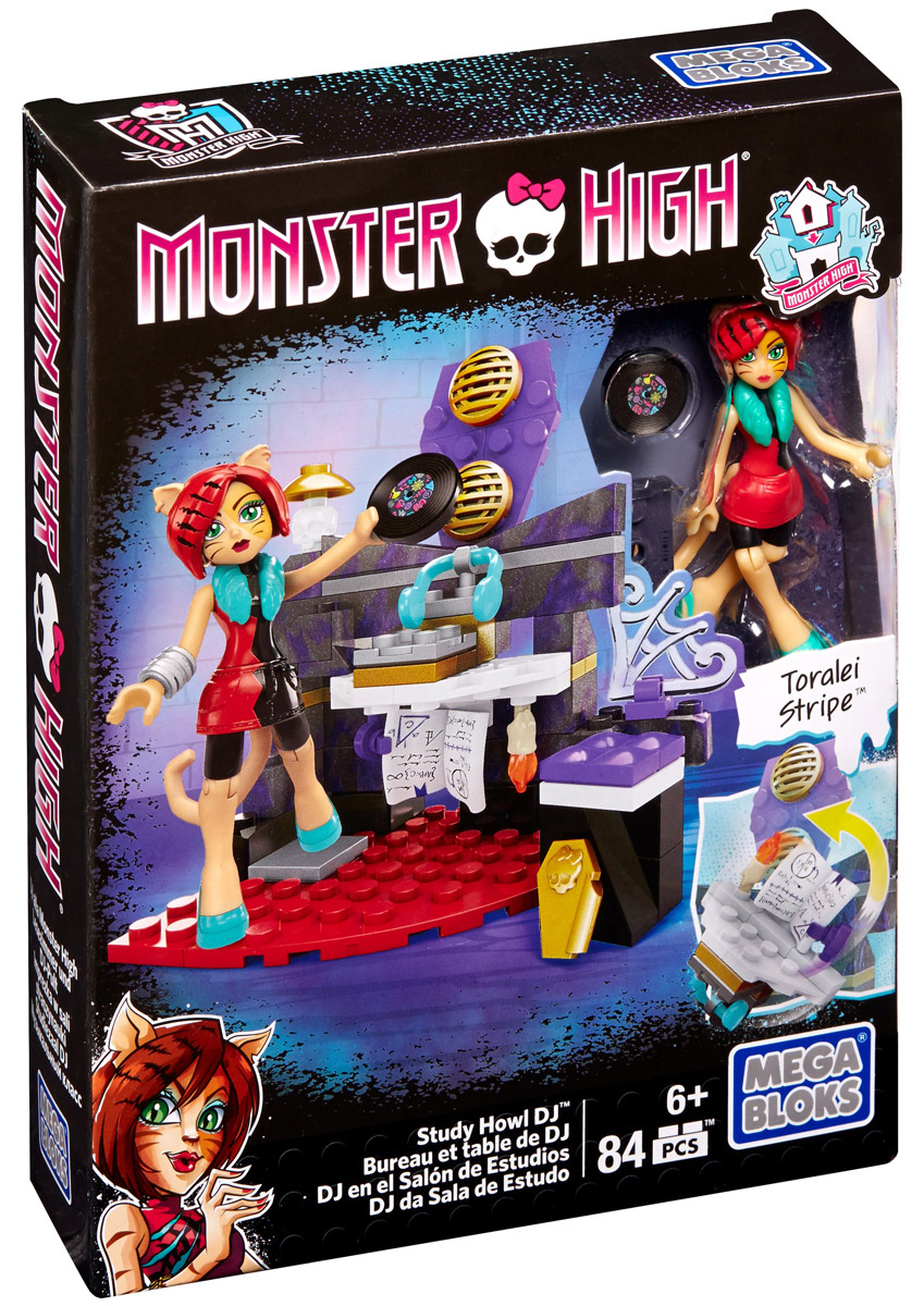 Mega Bloks Monster High Конструктор Study Howl DJCNF79_DPK30 Mega Bloks Monster High Конструктор Study Howl DJCNF79_DPK30Конструктор Study Howl DJ обязательно порадует маленьких поклонниц героинь Monster High. В наборе: фигурка Торалей Страйп с подвижными частями тела, сборная студия звукозаписи и множество аксессуаров. Торалей, дочь кошек-оборотней - олицетворение вредной девочки, отстраняющейся от всех со своей собственной компанией друзей. Она чрезмерно уверена в своих способностях и склонна унижать других монстров. Однако это не значит, что она позволяет другим монстрам обижать других; она часто встает на защиту слабых. Торалей обладает саркастическим чувством юмора. Игрушка выполнена из высококачественного пластика. Игра с конструктором способствует развитию мелкой моторики, воображения, творческого мышления. Набор Study Howl DJ можно соединить с другими наборами Monster High от Mega Bloks и построить свой невероятный мир Monster High!