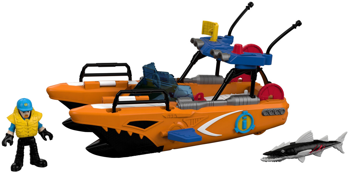 Imaginext Спасательная турбо-лодкаP5487_DTL95 Imaginext Спасательная турбо-лодкаP5487_DTL95Как остановить большую и страшную барракуду? Конечно с помощью отважного спасателя на турбо-лодке! Спасательная турбо-лодка Imaginext оснащена выдвигающимися торпедными аппаратами, может стрелять торпедами и дисками. Для того, чтобы торпедные аппараты выдвинулись из корпуса турбо-лодки, достаточно повернуть фигурку спасателя, стоящего на палубе в специальных упорах, вправо и влево. Для выстрела необходимо нажать на красную кнопку, расположенную на корпусе торпедного аппарата. Диски выстреливаются с кормы лодки с помощью катапульты. Голова, руки и ноги фигурки спасателя, а также челюсти и плавник барракуды подвижны. В комплекте с лодкой идет фигурка спасателя, бейсболка и спасательный жилет, 3 диска, 2 торпеды, и конечно же, злобная барракуда.