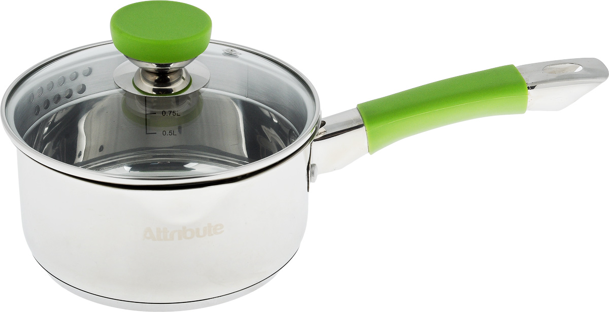 Ковш Attribute Lime с крышкой, 1,5 лASS317 Ковш Attribute Lime с крышкой, 1,5 лASS317Ковш Attribute Lime изготовлен из нержавеющей стали. Он прекрасно подходит для приготовления здоровой и диетической пищи, без лишнего жира. Пища не пригорает и не липнет к стенкам, равномерно приготавливается, сохраняя все полезные микроэлементы. Ручка выполнена из силикона и имеет отверстие для подвешивания. Крышка, выполненная из термостойкого стекла, позволит вам следить за процессом приготовления пищи. Крышка оснащена металлическим ободом и отверстием для выпуска пара, а также предусмотрен удобный слив. Внутренняя стенка ковша оснащена мерной шкалой, для определения количества жидкости. Изделие подходит для всех типов плит, и даже для индукционных. Можно мыть в посудомоечной машине. Высота стенки ковша: 8,2 см. Длина ручки: 17 см.