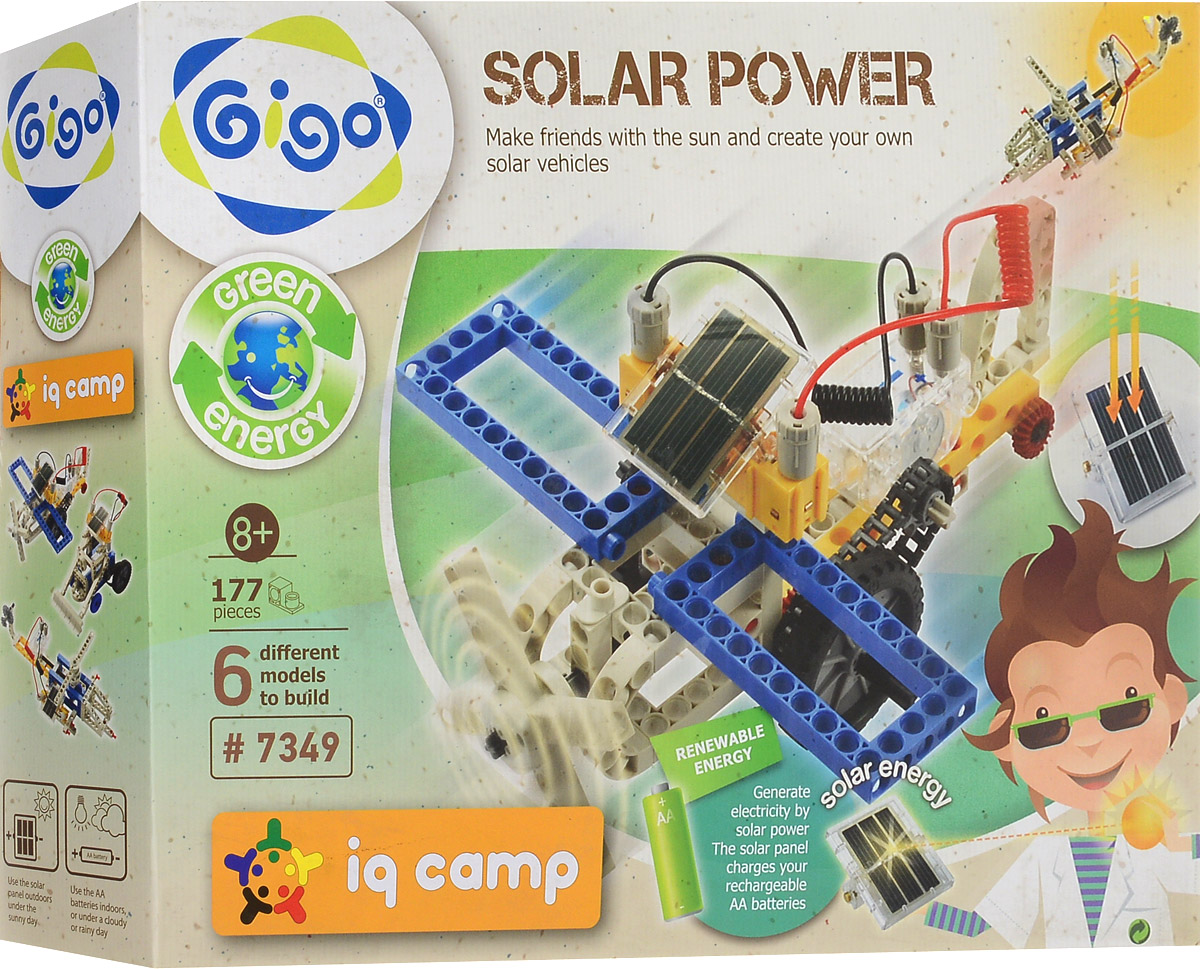 Gigo Конструктор Solar Power 6 в 17349 Gigo Конструктор Solar Power 6 в 17349Конструктор Gigo Solar Power - это конструктор, сооружения которого работают от энергии солнца. Набор включает в себя 177 деталей из металла и пластика, с помощью которых можно собрать 6 разных моделей техники. В инструкции пользователя, кроме пошаговых схем сборки, содержится информация о превращении энергии света в электрическую. Конструктор Gigo Solar Power поможет ребенку развить мелкую моторику рук, координацию движений и усидчивость. Для работы конструкций необходима 1 батарейка типа АА напряжением 1,5V и 1 Ni-MH аккумулятор типа АА напряжением 1,2V (не входят в комплект).