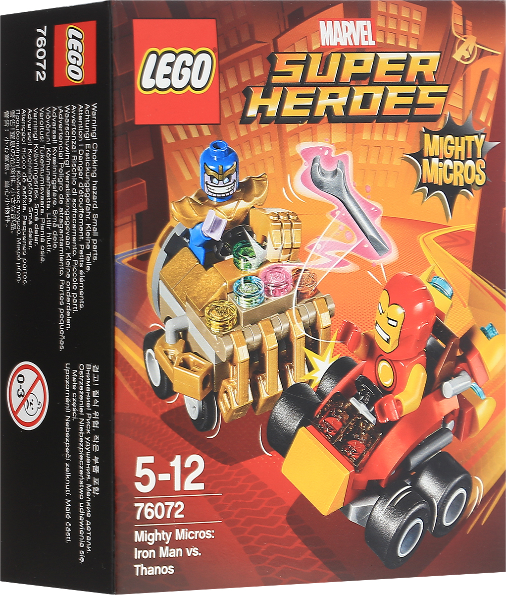 LEGO Super Heroes Конструктор Mighty Micros Железный человек против Таноса 7607276072 LEGO Super Heroes Конструктор Mighty Micros Железный человек против Таноса 7607276072Направьте суперскоростной автомобиль Железного человека с ракетным двигателем в сторону Таноса и разорвите его машину на две части клешней-тисками! Сразите Таноса прежде, чем он успеет воспользоваться суперсилой своей Перчатки неуязвимости и станет победителем в этом поединке. Набор включает в себя 94 разноцветных пластиковых элемента. Конструктор - это один из самых увлекательных и веселых способов времяпрепровождения. Ребенок сможет часами играть с конструктором, придумывая различные ситуации и истории.