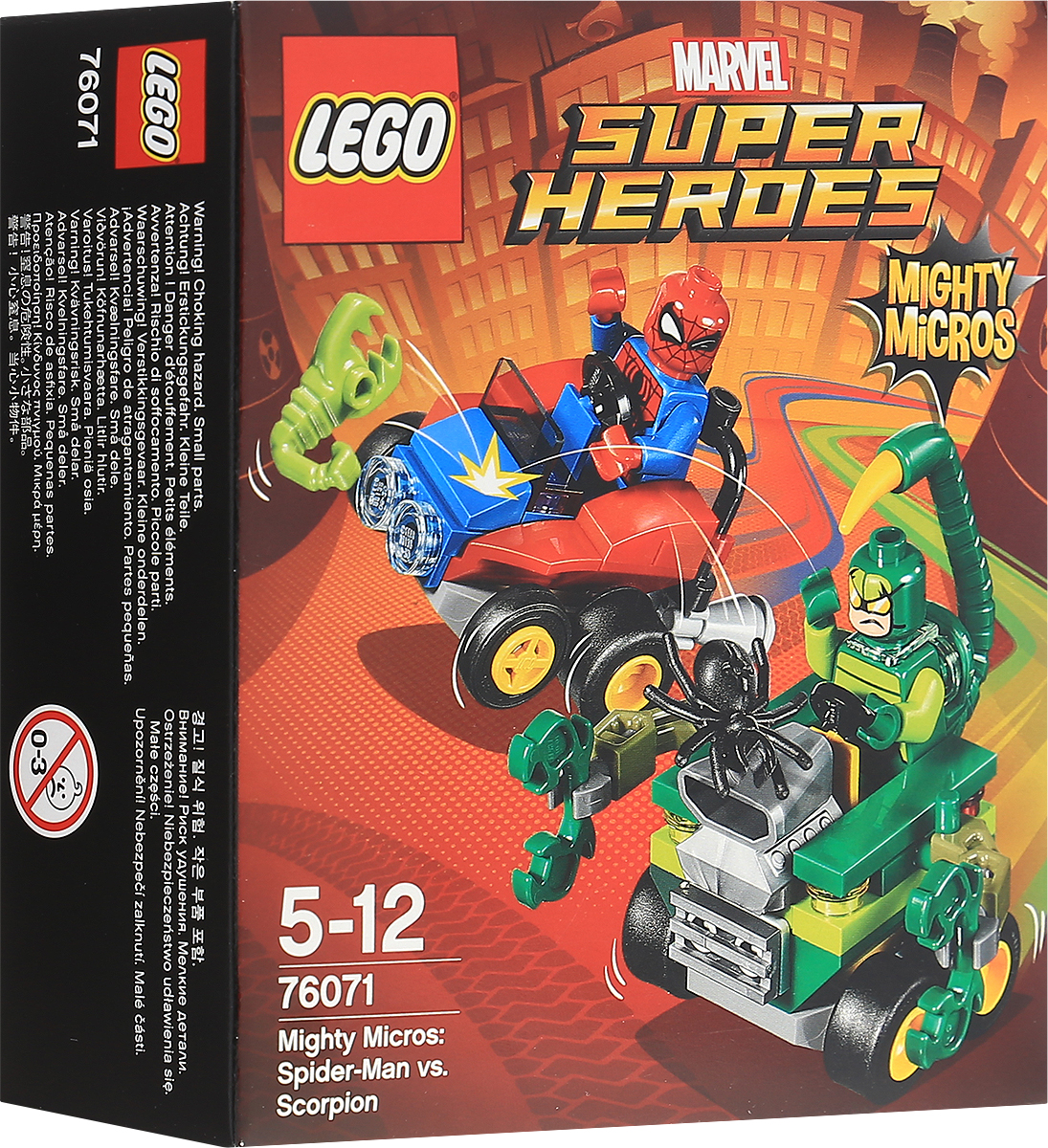 LEGO Super Heroes Конструктор Mighty Micros Человек-паук против Скорпиона 7607176071 LEGO Super Heroes Конструктор Mighty Micros Человек-паук против Скорпиона 7607176071Человек-паук и Скорпион сошлись в смертельной схватке! Направьте жало на хвосте автомобиля суперзлодея на Человека-паука или используйте клешни, чтобы вытащить супергероя из его автомобиля. Нанесите ответный удар мини-спайдером Человека-паука. Но не забывайте про летающего мини-скорпиона! Набор включает в себя 79 разноцветных пластиковых элементов. Конструктор - это один из самых увлекательных и веселых способов времяпрепровождения. Ребенок сможет часами играть с конструктором, придумывая различные ситуации и истории.