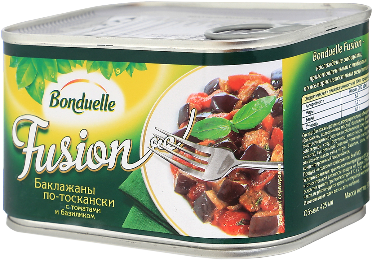 Bonduelle баклажаны по-тоскански с томатами и базиликом, 375 г4749 Bonduelle баклажаны по-тоскански с томатами и базиликом, 375 г4749Баклажаны по-тоскански с томатами и базиликом Bonduelle - это продукт, изготовленный по известным рецептам. Не содержит консервантов. Является готовым блюдом. К столу его можно подавать и в горячем, и холодном виде. Отлично сочетается со вкусом мяса и рыбы. Баклажаны могут также являться самостоятельным блюдом. Именно благодаря своим великолепным вкусовым качествам, баклажаны Bonduelle стали желанным лакомством многих. Продукт выпускается в удобной жестяной банке со специальным ключом, с помощью которого упаковку можно открыть без особого труда. Уважаемые клиенты! Обращаем ваше внимание, что полный перечень состава продукта представлен на дополнительном изображении.