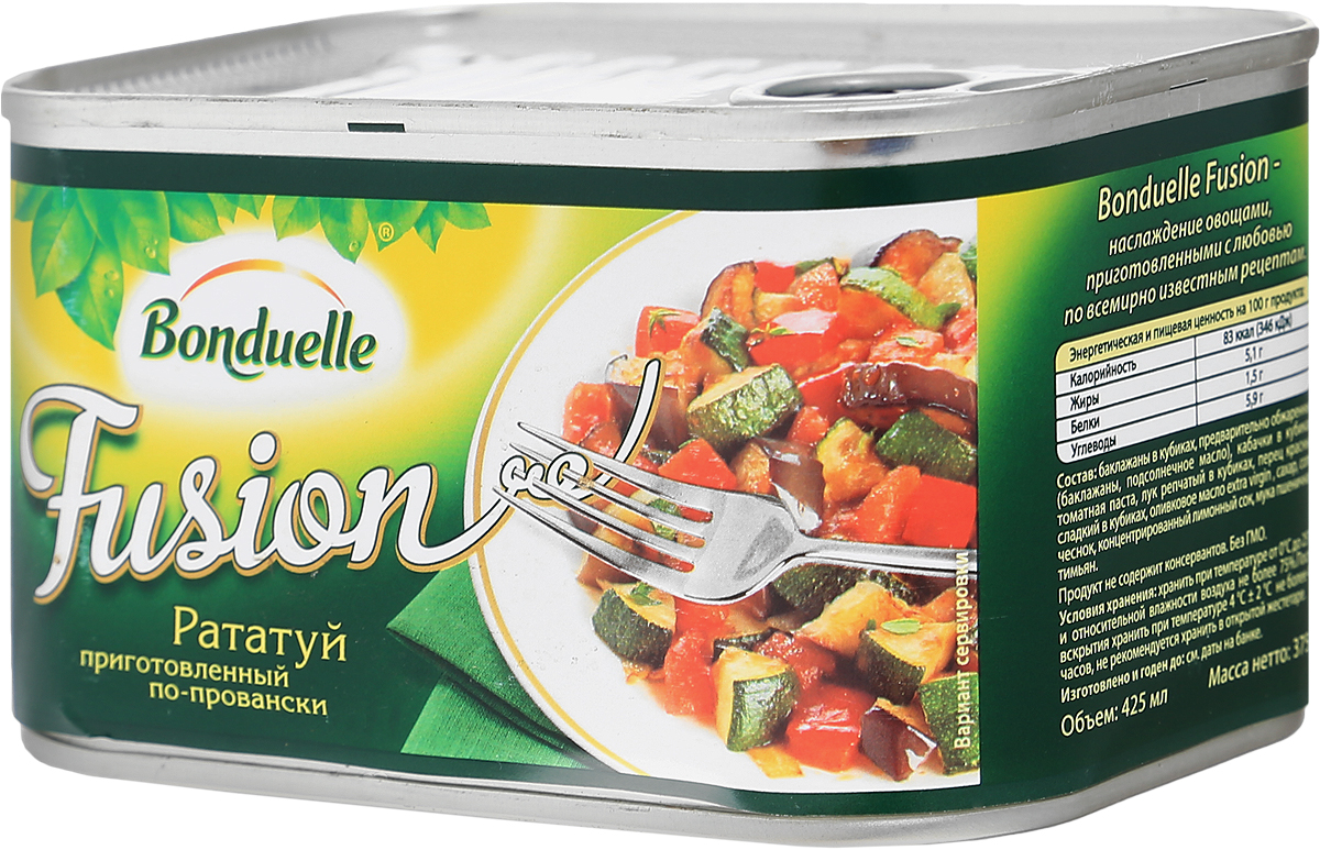 Bonduelle рататуй по-провански, 375 г4753 Bonduelle рататуй по-провански, 375 г4753Рататуй, который приготовлен по всем канонам: самые красивые овощи, качественное оливковое масло и идеально выверенное время приготовления для каждого овоща. Баклажаны, кабачки, перец, томаты и лук - все ингредиенты сохранили максимум вкуса, и ни один из них не пережарен. Подавайте рататуй с мясом, пастой или кускусом - и кулинарное блаженство не заставит себя ждать. Уважаемые клиенты! Обращаем ваше внимание, что полный перечень состава продукта представлен на дополнительном изображении.