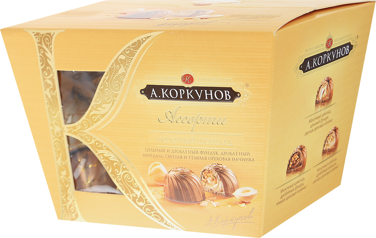 Коркунов Конфеты Ассорти молочный шоколад с фундуком и миндалем, 135 г79001093 Коркунов Конфеты Ассорти молочный шоколад с фундуком и миндалем, 135 г79001093Приглашаем вас насладиться великолепием вкуса шоколадных конфет Коркунов. Конфеты создаются из отборных орехов и какао-бобов по классическим канонам шоколадного производства и оригинальной рецептуре, разработанной экспертами-шоколатье Коркунов. Вы можете оценить разнообразие трех шоколадных композиций в одной коробке Ассорти. Конфеты Коркунов с удовольствием дарят близким людям - в этом высшее признание их превосходного вкуса. Уважаемые клиенты! Обращаем ваше внимание, что полный перечень состава продукта представлен на дополнительном изображении.