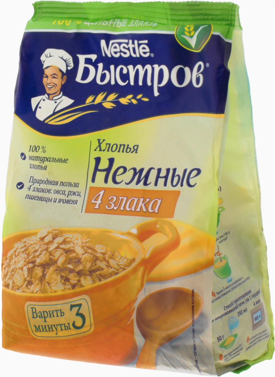 Быстров Хлопья 4 злака нежные варимые, 350 г12226976 Быстров Хлопья 4 злака нежные варимые, 350 г12226976Хлопья в кашах Быстров — это высококачественные хлопья из цельных злаков. Каша Быстров содержит 100% натуральные цельные отборные злаки и натуральный пребиотик, улучшающий пищеварение. Хлопья в кашах Быстров 4 злака — это сочетание овса, ржи, пшеницы и ячменя. Бережная технология производства не только дарит прекрасный нежный вкус каше, но и сохраняет всю природную пользу — ценные пищевые волокна (клетчатку), комплекс минеральных веществ и витаминов. Уважаемые клиенты! Обращаем ваше внимание, что полный перечень состава продукта представлен на дополнительном изображении.