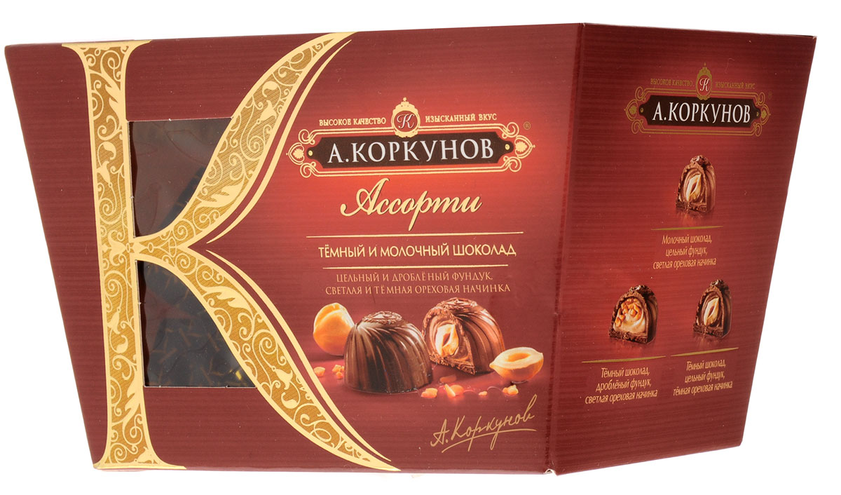 Коркунов Конфеты Ассорти Темный и молочный шоколад с цельным и дробленым лесным орехом, 135 г79001090 Коркунов Конфеты Ассорти Темный и молочный шоколад с цельным и дробленым лесным орехом, 135 г79001090При производстве конфет Коркунов используются сертифицированные сорта какао-бобов, произрастающие в Западной Африке. Ореховая начинка конфет – это настоящее, классическое пралине - сочетание сахара и орехов. Также для производства конфет Коркунов закупаются только отборные орехи, а каждый из поставщиков проходит строгую проверку качества. Элегантная упаковка подчеркивает вкус изысканных шоколадных конфет. Все это делает конфеты Коркунов одним из самых желанных подарков на любой праздник. Уважаемые клиенты! Обращаем ваше внимание, что полный перечень состава продукта представлен на дополнительном изображении.