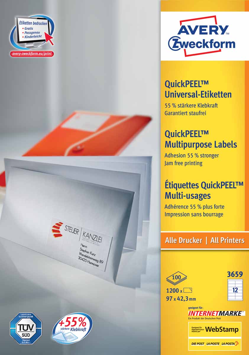 Avery Zweckform Этикетки самоклеящиеся универсальные Quick PEEL 97 х 42,3 мм 1200 шт 100 листов3659 Avery Zweckform Этикетки самоклеящиеся универсальные Quick PEEL 97 х 42,3 мм 1200 шт 100 листов3659Универсальные этикетки гарантируют высокое качество исполнения: идеальное решение для любых задач стандартной маркировки; легко оформить в Microsoft Word с помощью специальной программы Avery Desing & Print Online. Безопасная печать благодаря 4-х стороннему без клеевому отступу QCT. Четкий отпечаток и надежная клейкость при всех типовых способах применения. Технология QuickPEEL позволяет быстро отклеивать этикетки. Предназначены для печати на всех видах принтеров. Вид принтера: струйный, лазерный, цветной лазерный принтер, копир Тип клеящейся поверхности: перманентные Цвет: белый Размеры: 97 х 42,3 мм Количество листов в упаковке: 100 Этикеток на листе: 12 Этикеток в упаковке: 1200 Форма: прямоугольная
