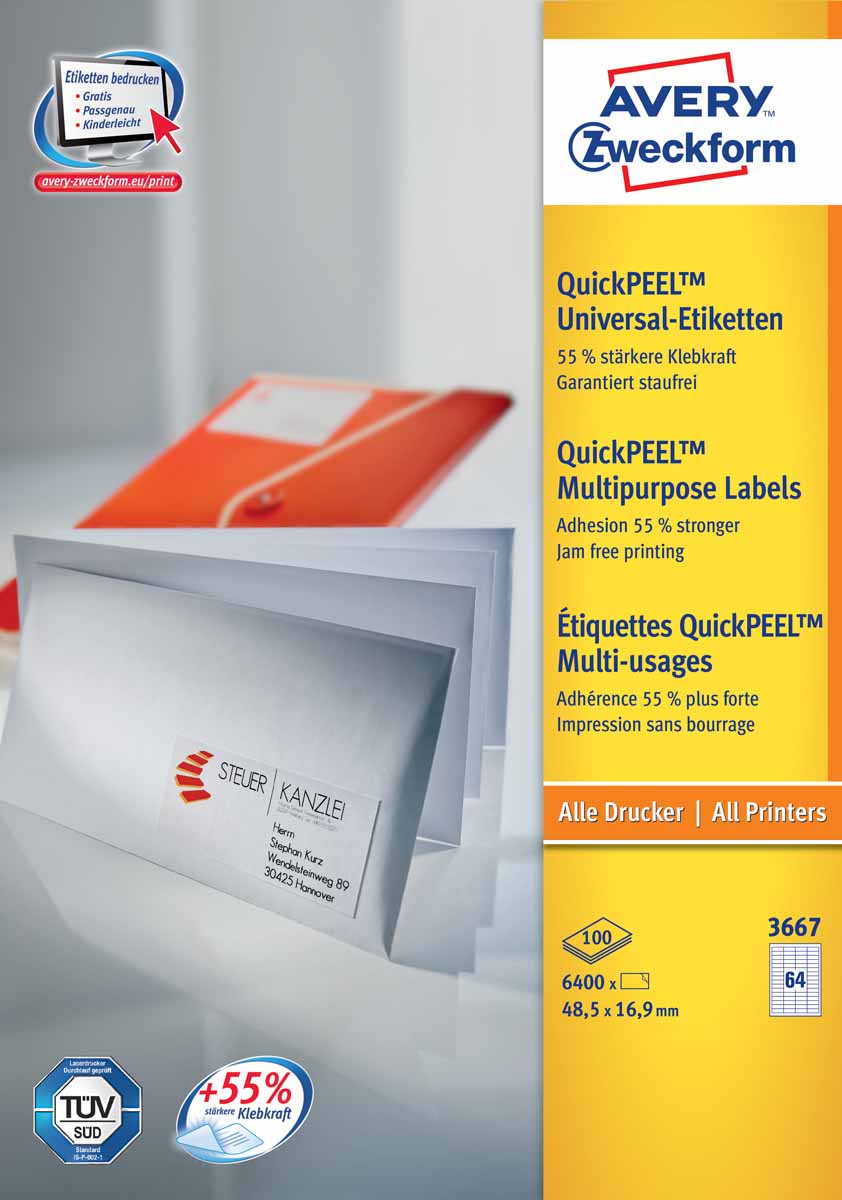 Avery Zweckform Этикетки самоклеящиеся универсальные Quick PEEL 48,5 х 16,9 мм 6400 шт 100 листов3667 Avery Zweckform Этикетки самоклеящиеся универсальные Quick PEEL 48,5 х 16,9 мм 6400 шт 100 листов3667Универсальные этикетки гарантируют высокое качество исполнения: идеальное решение для любых задач стандартной маркировки; легко оформить в Microsoft Word с помощью специальной программы Avery Desing & Print Online. Безопасная печать благодаря 4-х стороннему бесклеевому отступу QCT. Четкий отпечаток и надежная клейкость при всех типовых способах применения. Технология QuickPEEL позволяет быстро отклеивать этикетки. Предназначены для печати на всех видах принтеров.