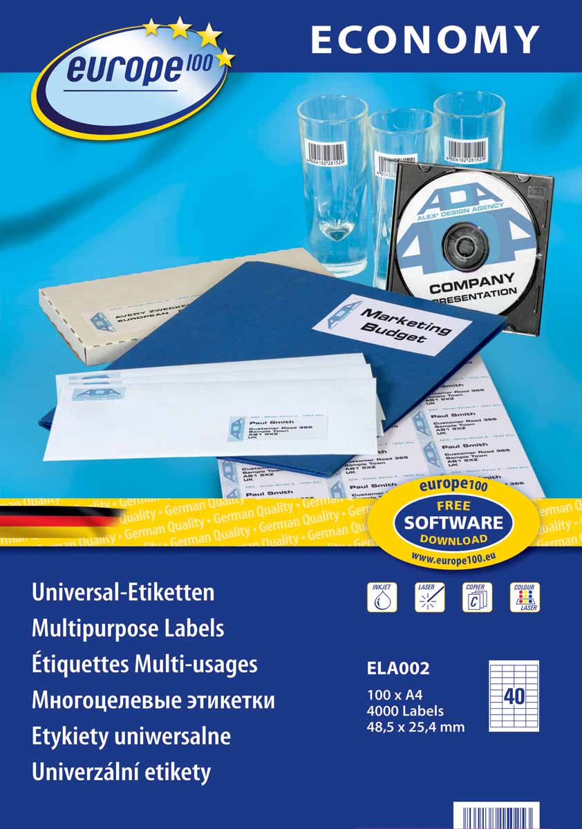 Avery Zweckform Этикетки самоклеящиеся Европа-100 48,5 х 25,4 мм 100 листовELA002 Avery Zweckform Этикетки самоклеящиеся Европа-100 48,5 х 25,4 мм 100 листовELA002Новые универсальные этикетки Европа-100 экономичной серии гарантируют высокое качество исполнения: идеальное решение для любых задач стандартной маркировки; легко оформить в Microsoft Word . Лучшее соотношение цена и качество. Четкий отпечаток и надежная клейкость при всех типовых способах применения. Предназначены для печати на всех видах принтеров. Бесперебойная печать. Технология четырехстороннего отступа (QTС) предотвращает попадание клея в принтер. Вид принтера: струйный, лазерный, цветной лазерный Цвет: белый Размеры: 48,5 х 25,4 мм Количество листов в упаковке: 100 Этикеток на листе: 40 Этикеток в упаковке: 4000 Форма: прямоугольная