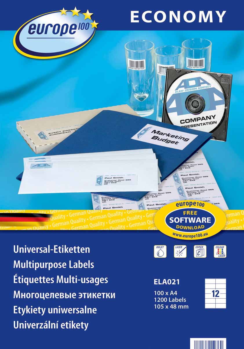 Avery Zweckform Этикетки самоклеящиеся Европа-100 105 х 48 мм 100 листовELA021 Avery Zweckform Этикетки самоклеящиеся Европа-100 105 х 48 мм 100 листовELA021Новые универсальные этикетки Европа-100 экономичной серии гарантируют высокое качество исполнения: идеальное решение для любых задач стандартной маркировки; легко оформить в Microsoft Word . Лучшее соотношение цена и качество. Четкий отпечаток и надежная клейкость при всех типовых способах применения. Предназначены для печати на всех видах принтеров. Бесперебойная печать. Технология четырехстороннего отступа (QTС) предотвращает попадание клея в принтер. Вид принтера: струйный, лазерный, цветной лазерный Цвет: белый Размеры: 105 х 48 мм Количество листов в упаковке: 100 Этикеток на листе: 12 Этикеток в упаковке: 1200 Форма: прямоугольная