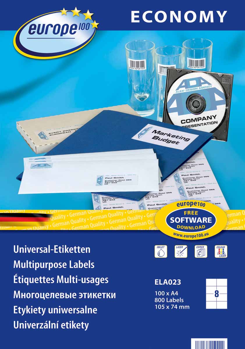 Avery Zweckform Этикетки самоклеящиеся Европа-100 105 х 74 мм 100 листовELA023 Avery Zweckform Этикетки самоклеящиеся Европа-100 105 х 74 мм 100 листовELA023Новые универсальные этикетки Европа-100 экономичной серии гарантируют высокое качество исполнения: идеальное решение для любых задач стандартной маркировки; легко оформить в Microsoft Word . Лучшее соотношение цена и качество. Четкий отпечаток и надежная клейкость при всех типовых способах применения. Предназначены для печати на всех видах принтеров. Бесперебойная печать. Технология четырехстороннего отступа (QTС) предотвращает попадание клея в принтер. Вид принтера: струйный, лазерный, цветной лазерный Цвет: белый Размеры: 105 х 74 мм Количество листов в упаковке: 100 Этикеток на листе: 8 Этикеток в упаковке: 800 Форма: прямоугольная