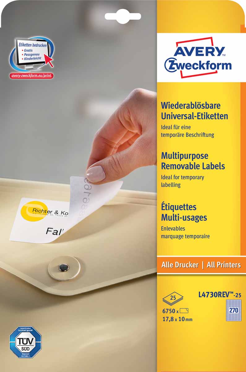 Avery Zweckform Этикетки Stick&Lift 17,8 х 10 мм 25 листовL4730REV-25 Avery Zweckform Этикетки Stick&Lift 17,8 х 10 мм 25 листовL4730REV-25Удаляемые этикетки Stick&Lift отклеиваются быстро и полностью, не оставляя следов клея на поверхности. Подходят для многократного использования. Для печати на любых видах принтеров. Идеальное решение для: ценников и описания товаров; папок и контейнеров; временной маркировки; объявлений, инструкций и указателей. Легко и просто оформить с помощью бесплатной программы для оформления этикеток Avery Desing & Print Online. Вид принтера: струйный, лазерный, цветной лазерный принтер, копир Тип клеящейся поверхности: удаляемые Цвет: белый Размеры: 17,8 x 10 мм Количество листов в упаковке: 25 Этикеток на листе: 270 Этикеток в упаковке: 6750 Форма: прямоугольная