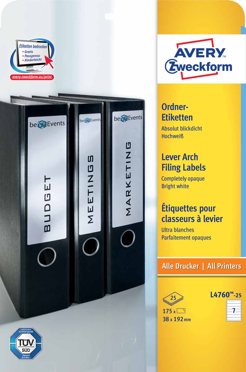 Avery Zweckform Этикетки для корешков папок 38 х 192 мм 25 листовL4760-25 Avery Zweckform Этикетки для корешков папок 38 х 192 мм 25 листовL4760-25Короткие этикетки для узких папок - идеальное решение для оформления ваших архивов.Предназначены для узких папок, для печати на всех типах принтеров. Вид принтера: лазерный, цветной лазерный принтер, струйный Тип клеящейся поверхности: перманентный Цвет: белый Размеры: 38 х 192 мм Количество листов в упаковке: 25 Этикеток на листе: 7 Этикеток в упаковке: 175 Форма: прямоугольная