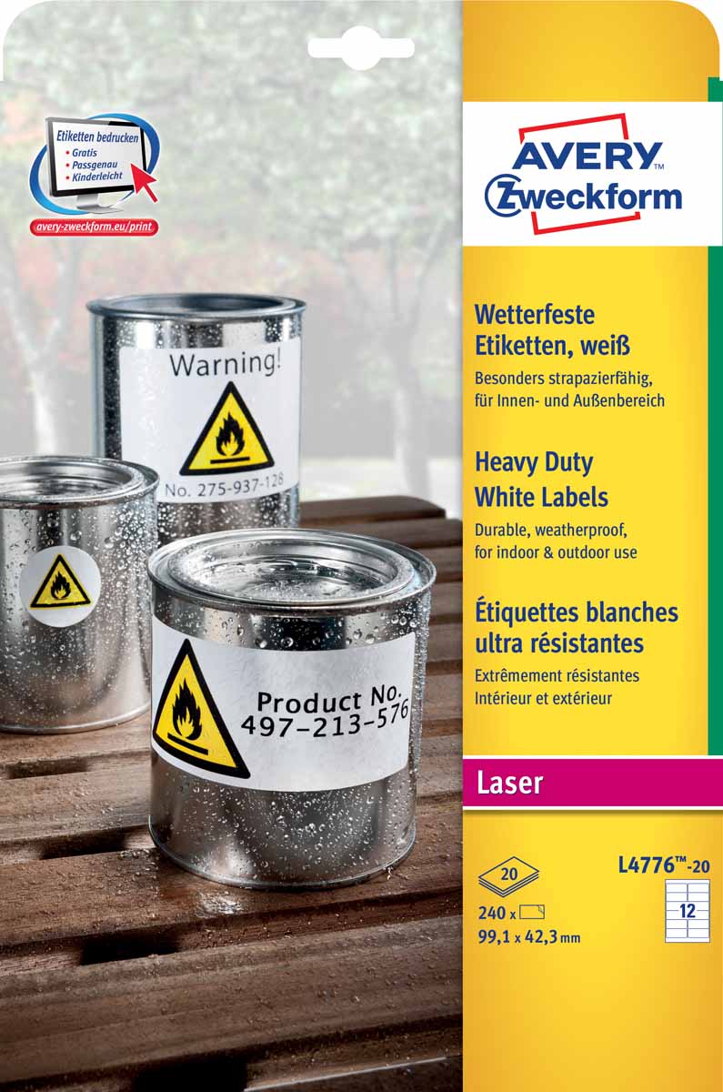 Avery Zweckform Этикетки всепогодные 99,1 х 42,3 мм 240 штL4776-20 Avery Zweckform Этикетки всепогодные 99,1 х 42,3 мм 240 штL4776-20Всепогодные полиэстерные этикетки - идеальное решение для маркировки в экстремальных условиях, где бумага справиться неспособна. Особо прочные этикетки устойчивы к воздействию загрязняющих веществ, влаги и перепадов температуры (от -20°С до +80°С). Масло-и UF-стойкие, грязеотталкивающие, моющиеся. Представлены в белом цвете. Предназначены для печати на лазерных и струйных принтерах и копировальных аппаратах. Вид принтера: лазерный, цветной лазерный принтер, копир Тип клеящейся поверхности: перманентные Цвет: белый Размеры: 99,1 х 42,3 мм Количество листов в упаковке: 20 Этикеток на листе: 12 Этикеток в упаковке: 240 Форма: прямоугольная
