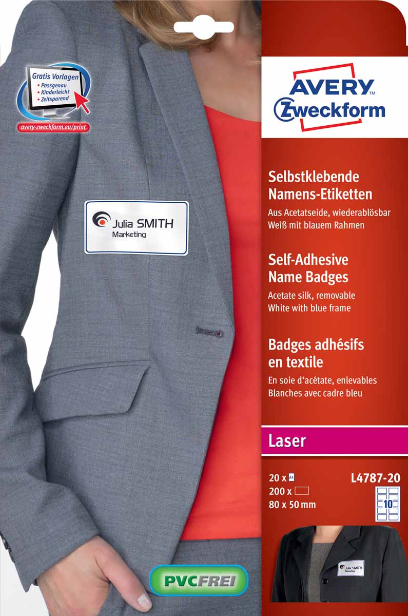 Avery Zweckform Бейдж самоклеящийся именной 80 х 50 мм цвет белый синийL4787-20 Avery Zweckform Бейдж самоклеящийся именной 80 х 50 мм цвет белый синийL4787-20Самоклеящиеся бейджи - идеальное решение для быстрого оформления бейджа, а также маркировки одежды. Подходит для печати на лазерных принтерах, также бейдж можно подписать от руки. Легко и быстро открепляется от одежды не оставляя следов. Сделаны из ацетатного шелка, не содержит поливинилхлорид. Легко оформить с помощью шаблонов и программ Avery Zweckform.