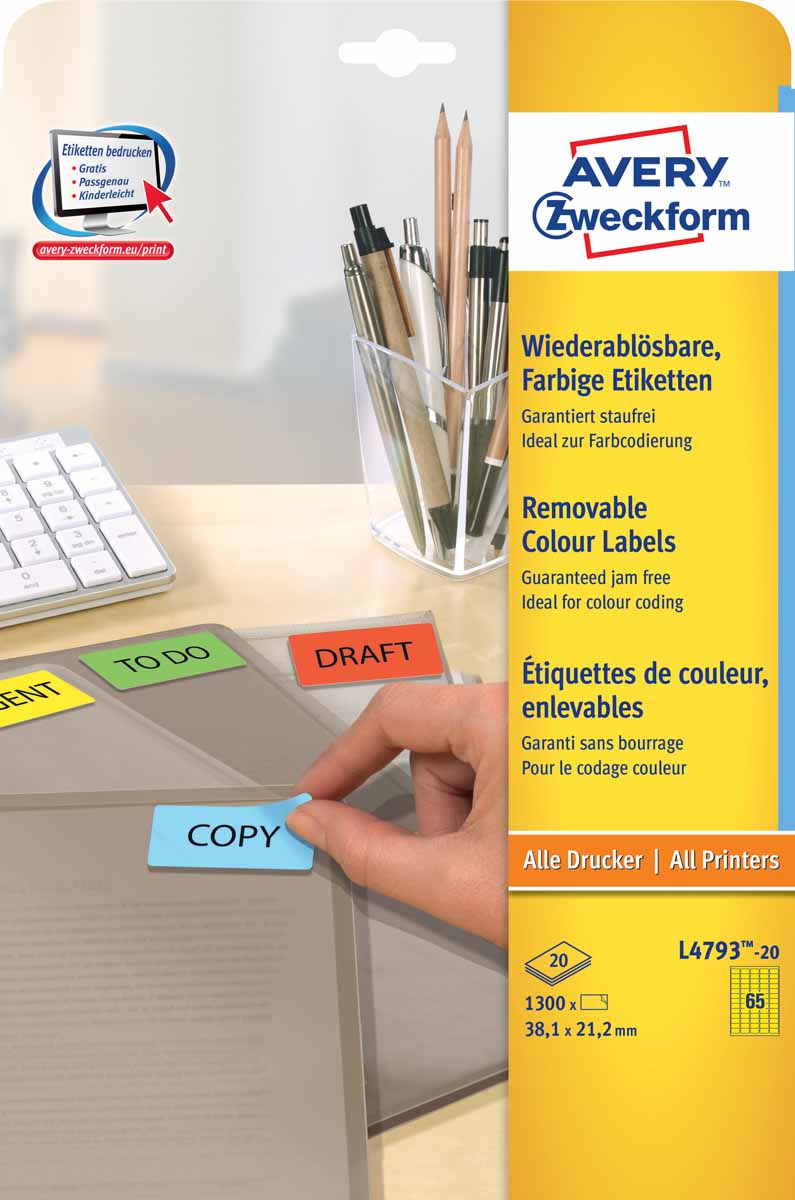 Avery Zweckform Этикетки удаляемые 38,1 х 21,1 мм 20 листовL4793-20 Avery Zweckform Этикетки удаляемые 38,1 х 21,1 мм 20 листовL4793-20Удаляемые этикетки Stick&Lift отклеиваются быстро и полностью, не оставляя следов клея на поверхности. Подходят для многократного использования. Для печати на любых видах принтеров. Идеальное решение для: ценников и описания товаров; папок и контейнеров; временной маркировки;объявлений, инструкций и указателей. Легко и просто оформить с помощью бесплатной программы для оформления этикеток Avery Desing & Print Online. Вид принтера: струйный, лазерный, цветной лазерный принтер, копир Тип клеящейся поверхности: удаляемый Цвет: желтый Размеры: 38,1 х 21,1 мм Количество листов в упаковке: 20 Этикеток на листе: 65 Этикеток в упаковке: 1300 Форма: прямоугольная
