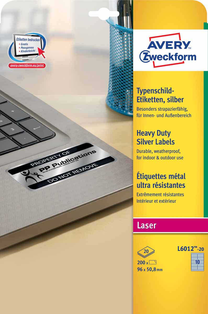 Avery Zweckform Этикетки серебристые полиэстерные 96 х 50,8 мм 20 листовL6012-20 Avery Zweckform Этикетки серебристые полиэстерные 96 х 50,8 мм 20 листовL6012-20Металлизированные этикетки, изготовлены из прочного полиэстера серебристого цвета. Предназначены для маркировки инвентаря, электронных компонентов, указания паспортных данных, инвентарной описи. Это изящное решение для архивов и дорогостоящих товаров. Устойчивы к воздействию загрязняющих веществ, влаги, UF-излучения и перепадов температур (от -20°С до +80°С). Прочно держатся как на гладкой, так и на неровной поверхности. Предназначены для печати на черно-белых лазерных принтерах. Вид принтера: лазерный Тип клеящейся поверхности: перманентные Цвет: серебряный Размеры: 96 х 50,8 мм Количество листов в упаковке: 20 Этикеток на листе: 10 Этикеток в упаковке: 200 Форма: прямоугольная