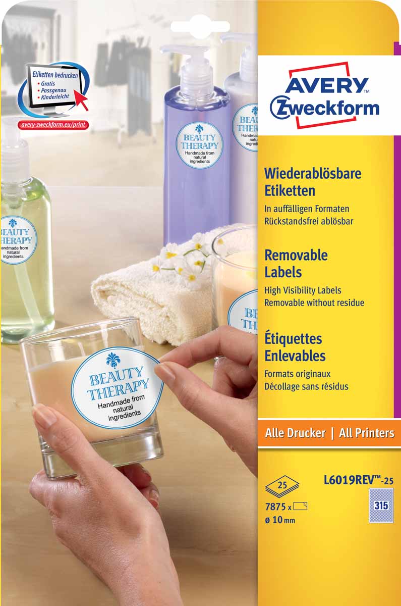 Avery Zweckform Этикетки Stick&Lift диаметр 10 мм 25 листовL6019REV-25 Avery Zweckform Этикетки Stick&Lift диаметр 10 мм 25 листовL6019REV-25Удаляемые этикетки для специальной маркировки отклеиваются быстро и полностью, не оставляя следов клея на поверхности. Подходят для многократного использования. Для печати на любых видах принтеров. Идеальное решение для: ценников и описания товаров; папок и контейнеров; временной маркировки;объявлений, инструкций и указателей. Легко и просто оформить с помощью бесплатной программы для оформления этикеток Avery Desing & Print Online. Вид принтера: струйный, лазерный, цветной лазерный принтер, копир Тип клеящейся поверхности: удаляемые Цвет: белый Размеры: O 10 mm Количество листов в упаковке: 25 Этикеток на листе: 315 Этикеток в упаковке: 7875 Форма: прямоугольная