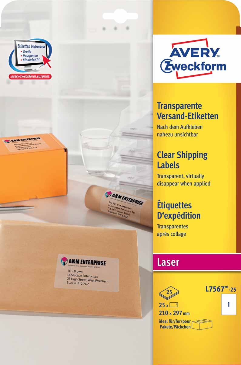Avery Zweckform Этикетки адресные 21 х 297 мм 25 листовL7567-25 Avery Zweckform Этикетки адресные 21 х 297 мм 25 листовL7567-25Прозрачные адресные этикетки технологии быстрого отклеивания QuickPeel™ предназначены для печати на лазерных принтерах. Гарантированное мгновенное высыхание и великолепное качество отпечатка. Предназначены для конвертов, бандеролей и конвертов. Простота изготовления и печати с помощью программ для оформления этикеток. Вид принтера: лазерный, цветной лазерный принтер, копир Тип клеящейся поверхности: перманентные Цвет: прозрачный Размеры: 210 x 297 mm Количество листов в упаковке: 25 Этикеток на листе: 1 Этикеток в упаковке: 25 Форма: прямоугольная