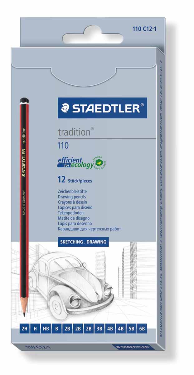 Staedtler Набор чернографитовых карандашей Tradition 12 шт110C12-1 Staedtler Набор чернографитовых карандашей Tradition 12 шт110C12-1Набор высококачественных чернографитовых карандашей Tradition шестигранной формы, Staedtler. Содержит 12 шт. карандашей, цвет корпуса черно-красный, (6B, 5B, 2x4B, 3B, 3x2B, B, HB, H, 2H). Для письма, черчения и набросков.