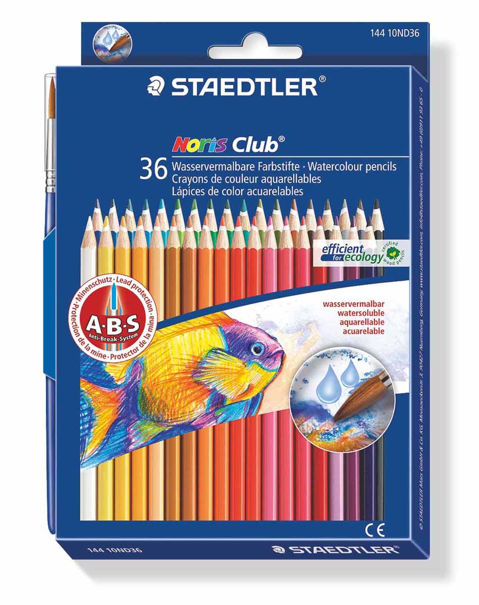 Staedtler Набор акварельных карандашей Noris Club с кисточкой 36 цветов14410ND36 Staedtler Набор акварельных карандашей Noris Club с кисточкой 36 цветов14410ND36Акварельные карандаши Staedtler Noris Club предназначены для школы и творческих мастерских. Хорошо размываются водой. Цвета легко смешиваются между собой, можно получить практически любой оттенок, при желании добившись нежного эффекта акварели. Интересный эффект достигается, когда рисунок наносится на предварительно смоченный картон или бумагу. Карандаши шестигранной формы, корпус выполнен из натурального дерева. Грифель, даже при падении карандаша, не ломается, так как надежно защищен системой ABS (anti breakage system) - дополнительным белым слоем. В комплекте идет кисточка с защитным колпачком. Акварельные карандаши соответствуют всем европейским стандартам.