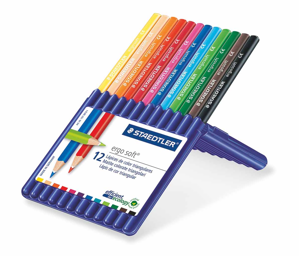Staedtler Набор цветных карандашей Ergosoft 12 цветов157SB1210 Staedtler Набор цветных карандашей Ergosoft 12 цветов157SB1210Набор цветных карандашей трехгранной формы для удобного и легкого письма, Staedtler. Содержит 12 цветов в ассортименте. Карандаши упакованы в пластиковый футляр, который легко превращается в удобную настольную подставку. Широкий выбор возможностей для рисования.