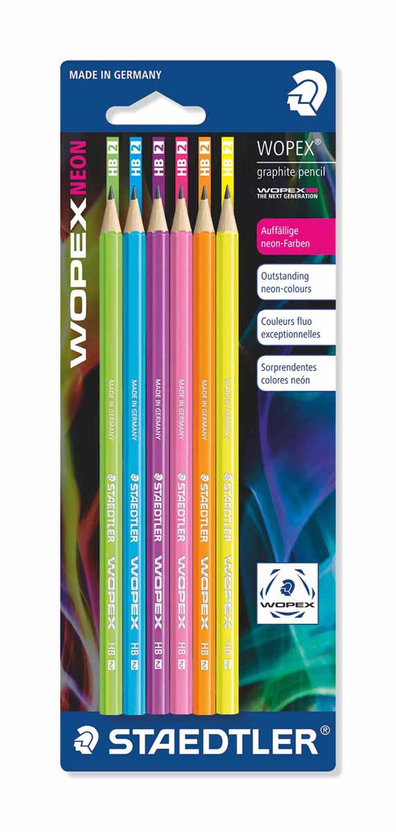 Staedtler Набор чернографитовых карандашей Wopex NEON HB 6 шт180FBK6 Staedtler Набор чернографитовых карандашей Wopex NEON HB 6 шт180FBK6Набор высококачественных чернографитовых карандашей Staedtler Neon изготовленных из уникального материала Wopex, который на 70% состоит из древесины. Отличаются особой прочностью, устойчивы к поломкам и имеют ударопрочный грифель. Шестигранный корпус мягкий и бархатистый на ощупь, карандаш не скользит в руке. В наборе 6 карандашей.