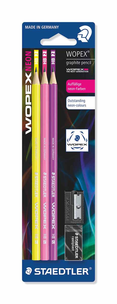 Staedtler Набор чернографитовых карандашей Wopex NEON HB 3 шт180FSBK3-1 Staedtler Набор чернографитовых карандашей Wopex NEON HB 3 шт180FSBK3-1Набор высококачественных чернографитовых карандашей Staedtler Neon изготовленных из уникального материала Wopex, который на 70% состоит из древесины. Отличаются особой прочностью, устойчивы к поломкам и имеют ударопрочный грифель. Шестигранный корпус мягкий и бархатистый на ощупь, карандаш не скользит в руке.