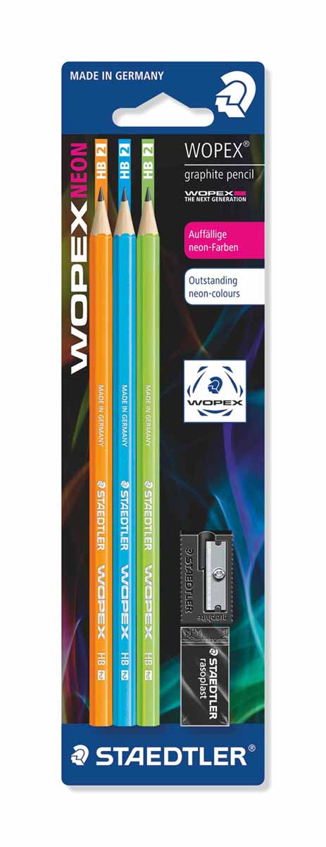 Staedtler Набор чернографитовых карандашей Wopex NEON HB 3 шт 180FSBK3-2180FSBK3-2 Staedtler Набор чернографитовых карандашей Wopex NEON HB 3 шт 180FSBK3-2180FSBK3-2Набор высококачественных чернографитовых карандашей Staedtler Neon изготовленных из уникального материала Wopex, который на 70% состоит из древесины. Отличаются особой прочностью, устойчивы к поломкам и имеют ударопрочный грифель. Шестигранный корпус мягкий и бархатистый на ощупь, карандаш не скользит в руке.