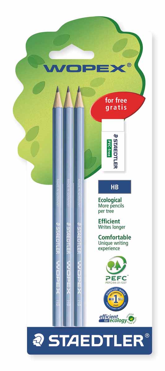 Staedtler Набор чернографитовых карандашей Wopex HB с ластиком 3 шт цвет корпуса голубой180SPBK3GB Staedtler Набор чернографитовых карандашей Wopex HB с ластиком 3 шт цвет корпуса голубой180SPBK3GBНабор высококачественных чернографитовых карандашей Staedtler Wopex шестигранной формы. Карандаши из уникального материала Wopex, который на 70% состоит из древесины. Отличаются особой прочностью, устойчивы к поломкам и имеют ударопрочный грифель. Шестигранный корпус мягкий и бархатистый на ощупь, карандаш не скользит в руке. В наборе 3 чернографитовых карандаша и ластик.