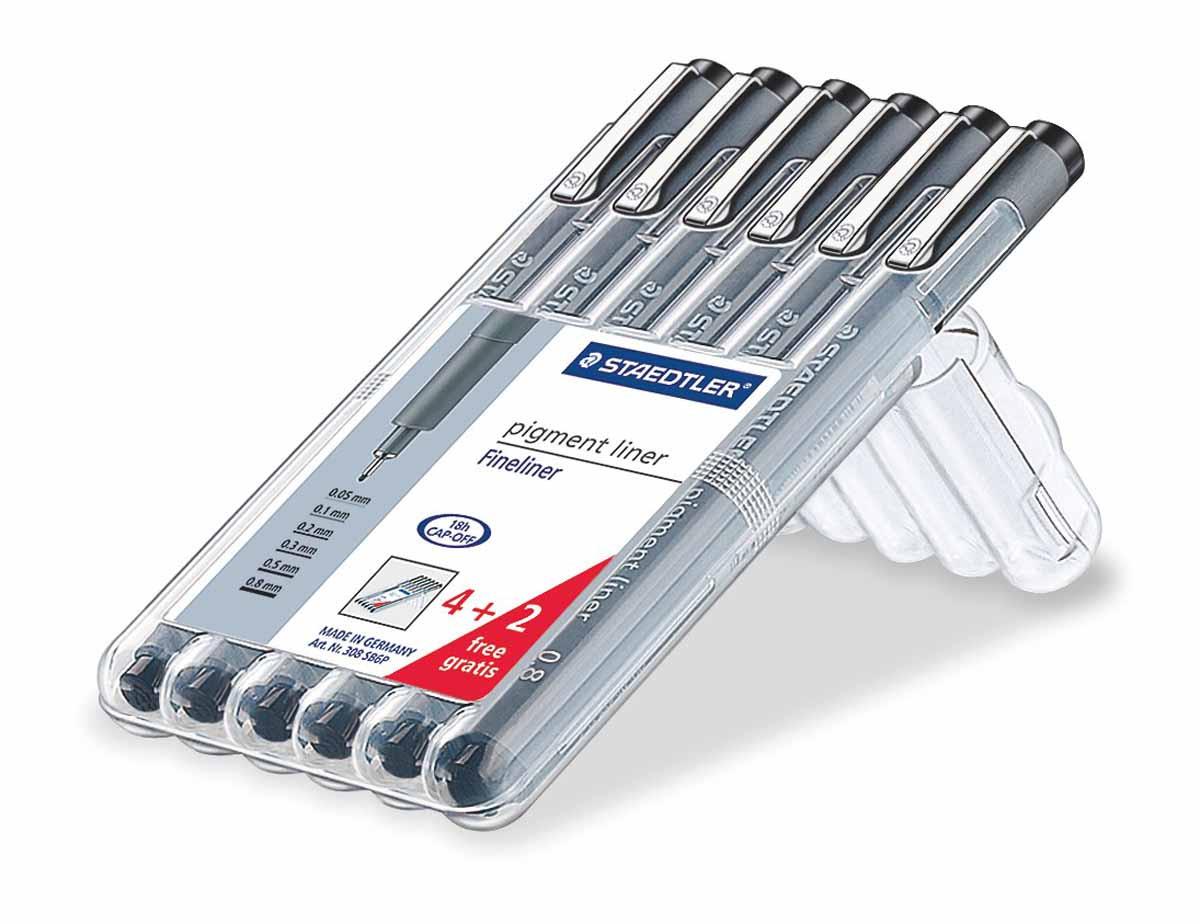 Staedtler Набор капиллярных ручек Pigment Liner цвет чернил черный 6 шт308SB6P Staedtler Набор капиллярных ручек Pigment Liner цвет чернил черный 6 шт308SB6PНабор капиллярных ручек Staedtler Pigment Liner идеально подходит для особо легкого и мягкого письма, рисования и черчения. Металлическое обжатие наконечника дает возможность работать с линейками и трафаретами. Высокое качество износостойкого пишущего наконечника и большой запас чернил значительно увеличивают срок службы ручки. В набор входят 6 ручек с разной толщиной линий: 0,05; 0,1; 0,2; 0,3; 0,5; 0,8 мм.