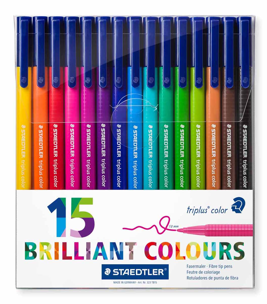 Staedtler Набор фломастеров Triplus Сolor 15 цветов323TB15 Staedtler Набор фломастеров Triplus Сolor 15 цветов323TB15Набор фломастеров Triplus color 323 с эргонамичным трехгранным корпусом для легкого и удобного письма и рисования. Прочный, устойчивый к нажиму пишущий узел. ЗАЩИТА ОТ ВЫСЫХАНИЯ - может быть оставлен без колпачка на несколько дней (тест ISO 554). Вентилируемый колпачок. Чернила на водной основе. Отстирывается с большинства поверхностей. Пластиковый футляр. Корпус и колпачок из полипропилена гарантируют долгий срок службы. Толщина линии прибл. 1,0 мм. 15 ярких цветов.