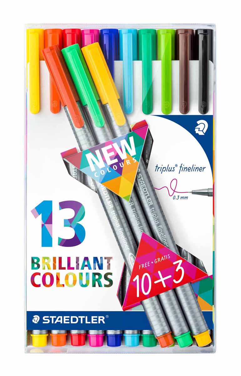 Staedtler Набор капиллярных ручек Triplus 13 цветов334TB13 Staedtler Набор капиллярных ручек Triplus 13 цветов334TB13Набор капиллярных ручек Staedtler Triplus с пишущим узлом повышенной прочности можно использовать как в офисе, так и в школе. Также набор идеально подойдет для творчества. Чернила на водной основе, их легко отстирать с большинства тканей. Толщина линии - 0,3 мм. В набор входят 13 разноцветных ручек.