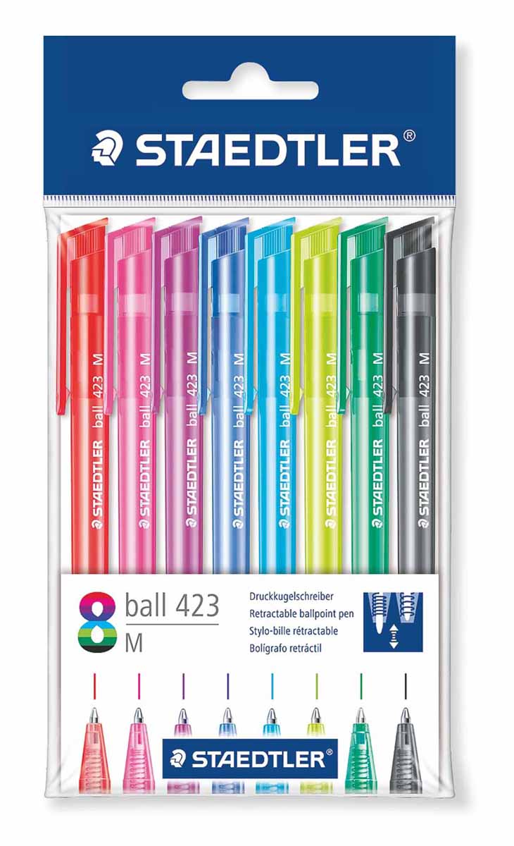 Staedtler Набор шариковых ручек 8 цветов42335MPB8 Staedtler Набор шариковых ручек 8 цветов42335MPB8Набор шариковых ручек Staedtler отлично подходит для письма и работы с документами. Ручки имеют удобную трехгранную форму и тонкий металлический наконечник. В ручках предусмотрена функция автоматического выравнивания давления, благодаря которой предотвращается утечка чернил во время воздушных перелетов. Оставляют линию толщиной 0.5 мм. Быстросохнущие чернила устойчивы к стиранию, химическим реагентам и влажной среде. В наборе 8 разноцветных ручек.