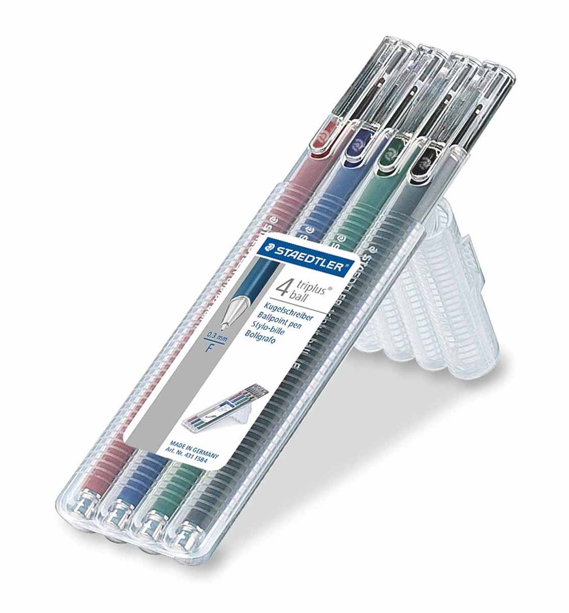 Staedtler Набор шариковых ручек Triplus Ball 4 цвета431FSB4 Staedtler Набор шариковых ручек Triplus Ball 4 цвета431FSB4Набор шариковых трехгранных ручек Staedtler Triplus Ball идеально подходит как для письма и работы с документами, так и для творчества. Цвет чернил соответствует цвету колпачка. Толщина линии 0,3 мм. В наборе 4 разноцветные ручки.
