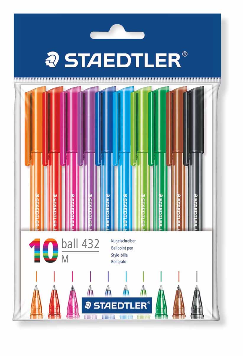 Staedtler Набор шариковых ручек 10 цветов43235MPB10 Staedtler Набор шариковых ручек 10 цветов43235MPB10Набор шариковых ручек Staedtler со сменным стержнем отлично подходит для письма и работы с документами. Ручки имеют удобную трехгранную форму и тонкий металлический наконечник. В ручках предусмотрена функция автоматического выравнивания давления, благодаря которой предотвращается утечка чернил во время воздушных перелетов. Оставляют линию толщиной 0.5 мм. Быстросохнущие чернила устойчивы к стиранию, химическим реагентам и влажной среде. В наборе 10 разноцветных ручек.