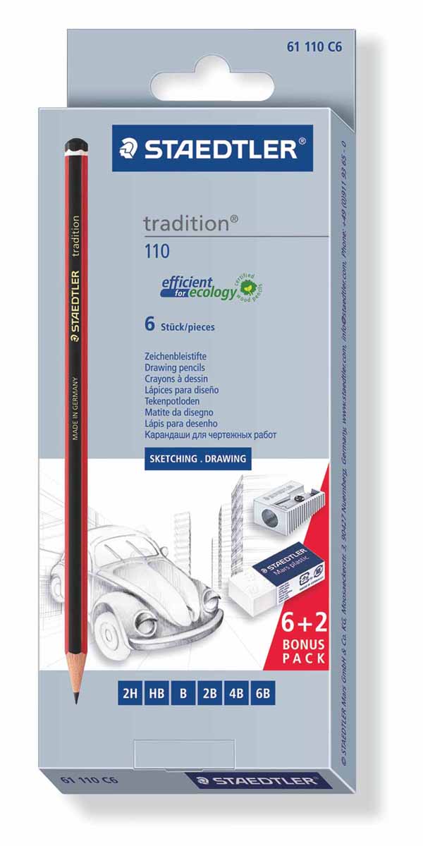 Staedtler Набор чернографитовых карандашей Tradition с ластиком и точилкой 6 шт61110C6 Staedtler Набор чернографитовых карандашей Tradition с ластиком и точилкой 6 шт61110C6Набор высококачественных чернографитовых карандашей Tradition шестигранной формы, Staedtler. Содержит 6 шт. карандашей, цвет корпуса черно-красный, (2H, HB, B, 2B, 4B, 6B); 1 шт.ластик; 1 шт. точилка. Для письма, черчения и набросков.