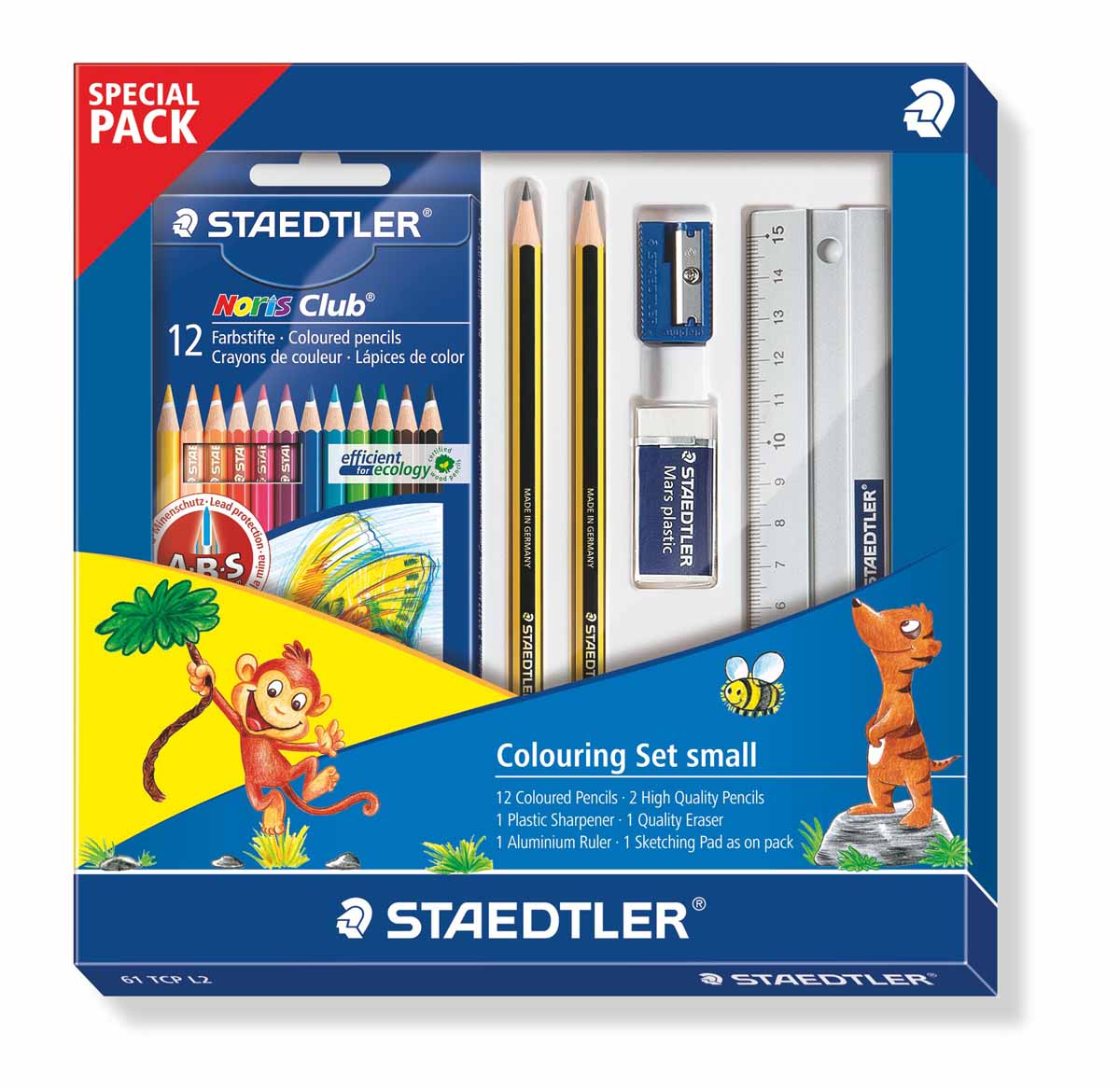 Staedtler Набор для рисования 61TCPL261TCPL2 Staedtler Набор для рисования 61TCPL261TCPL2Новый набор для рисования от Staedtler в спец. упаковке. Включает 6 предметов: 1 шт. - цветные карандаши 144 NC 12; 2 шт. - чернографитовые карандаши 120-HB; 1 шт. - пластиковая точилка 510 20; 1шт. - ластик Mars; 1 шт. - алюминевая линейка.