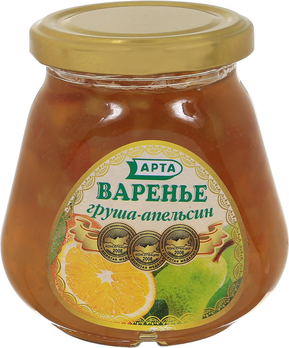 Арта варенье из груши и апельсина, 340 г0115. Арта варенье из груши и апельсина, 340 г0115.Варенье - это самый распространенный вид заготовки ягод, фруктов и овощей, который получают путем уваривания в сахарном сиропе. Хорошее варенье - это не разваренные плоды, а сироп легко отделяется. Груша очень полезна для сердца и при нарушениях сердечного ритма. Неоценима польза этого плода и для системы пищеварения. Спелые сочные и сладкие груши способствуют перевариванию пищи, обладают закрепляющими свойствами и поэтому полезны при расстройствах кишечника. Главное достоинство апельсина, как и всех цитрусовых - это витамин С. Апельсины полезны для организма в целом и для пищеварительной, эндокринной, сердечно-сосудистой и нервной систем. Апельсин благотворно влияет на заживление ран и нарывов. Действует успокаивающе, укрепляет нервы, благотворно влияет на деятельность центральной нервной системы. Уважаемые клиенты! Обращаем ваше внимание, что полный перечень состава продукта представлен на дополнительном изображении.