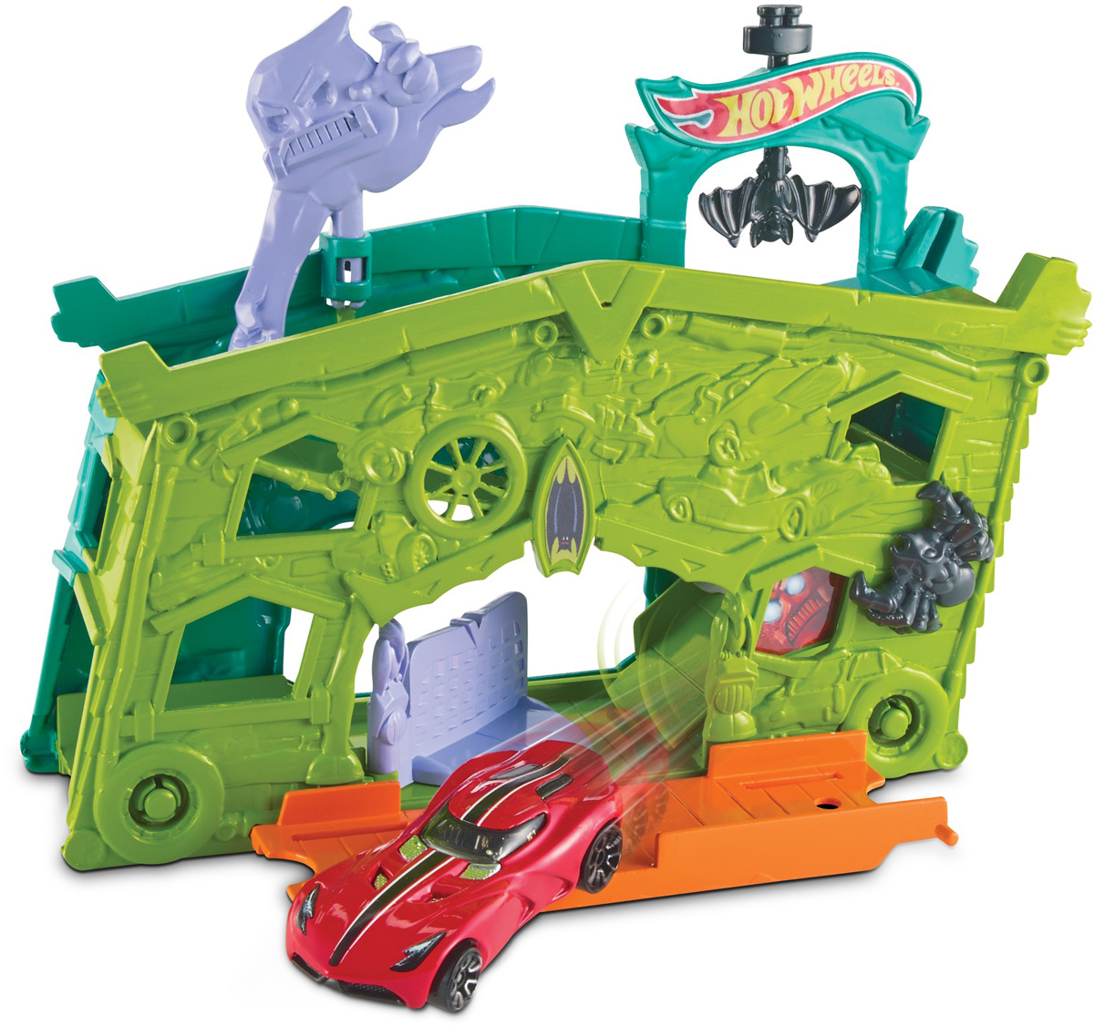 Hot Wheels Игровой набор Призрачный гаражDWK99_DWL03 Hot Wheels Игровой набор Призрачный гаражDWK99_DWL03Игровой набор Hot Wheels Призрачный гараж привлечет внимание вашего ребенка и не позволит ему скучать. В набор входят элементы для сборки части трека вместе с гаражом, населенным призраками. В наборе также машинка Hot Wheels. Ворота гаража открываются, пандус опускается, колеса машинки свободно вращаются. Любой набор можно соединить с другим трековым набором Hot Wheels. Дети могут коллекционировать наборы и соединять их друг с другом - веселье будет бесконечным! Порадуйте вашего ребенка таким замечательным подарком!
