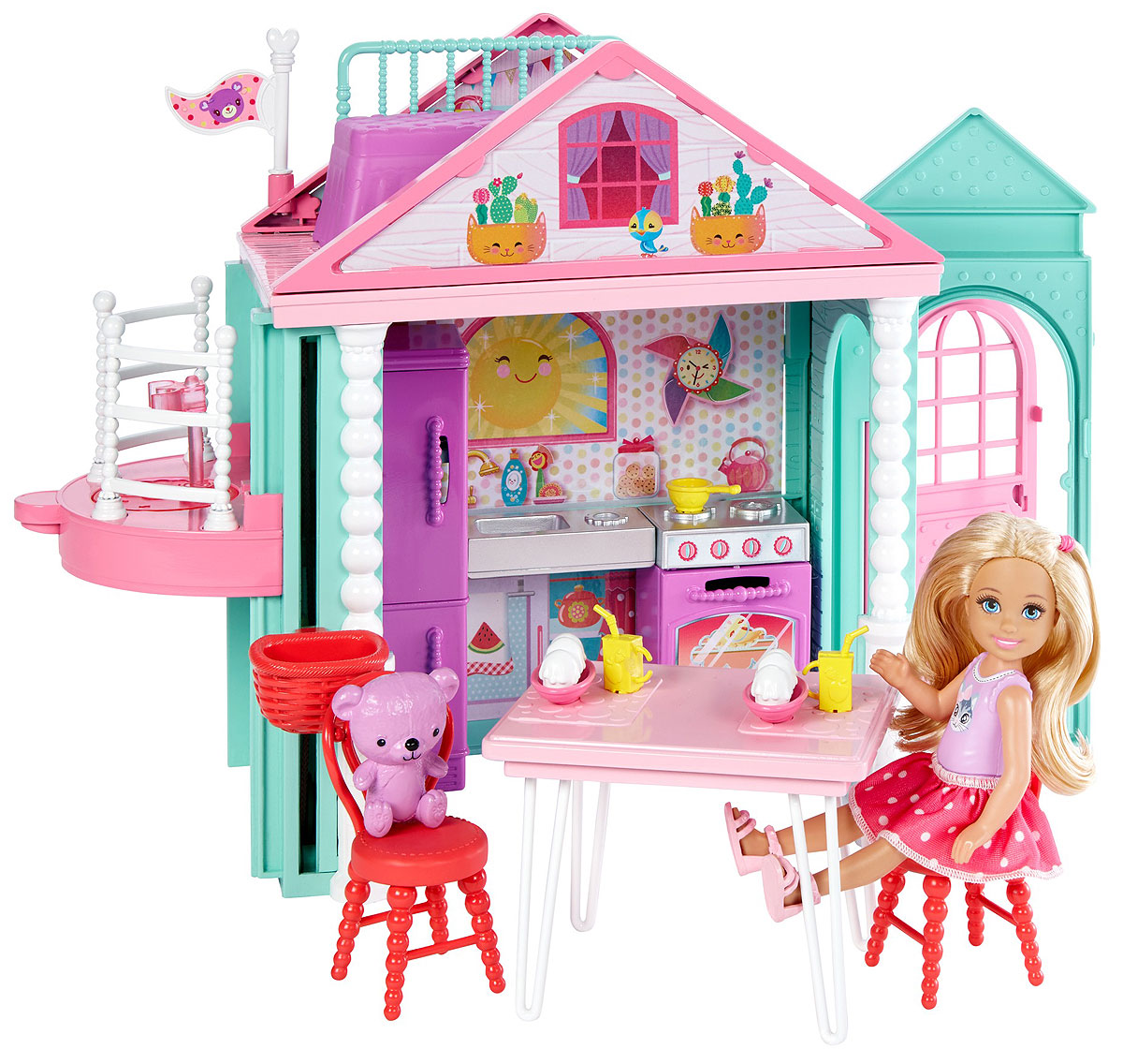 Barbie Домик ЧелсиDWJ50 Barbie Домик ЧелсиDWJ50Двери двухэтажного клубного домика куклы Челси всегда открыты для вас! Откройте розовую дверь и встречайте друзей! В домике предусмотрена кухня с открывающимися шкафчиками, второй этаж, работающий лифт с платформой для Челси и корзинкой для ее медвежонка (входит в комплект). В доме имеется мебель. Напитки и навес от солнца так хороши для разговоров с друзьями! А в кровати на втором этаже можно мечтать днем или крепко спать ночью. Кукла Челси одета в майку, милую юбочку в белый горошек и розовые босоножки. Детям понравится разыгрывать дружеские посиделки с этим набором, ведь с Barbie возможно все!