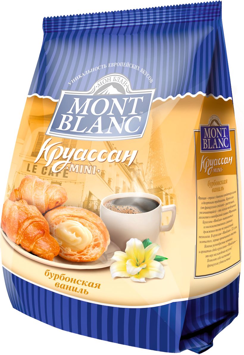 Mont Blanc круассаны мини Бурбонская ваниль, 200 г70003 Mont Blanc круассаны мини Бурбонская ваниль, 200 г70003Французские мини-круассаны с начинкой в виде крема или джема. Виды: Клубника, Ваниль, Орех, Вишня, Сливки, Абрикос, Шоколад, Карамель, Микс.