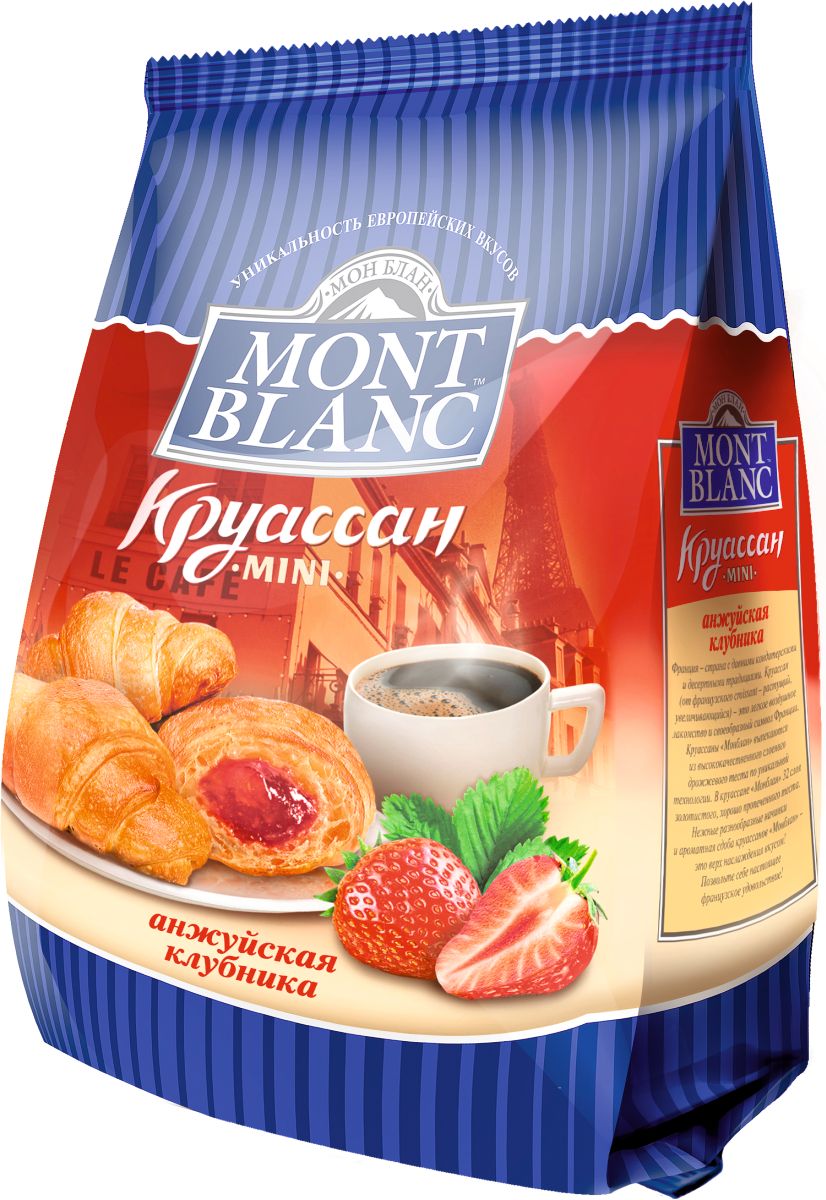Mont Blanc круассаны мини Анжуйская клубника, 200 г70006 Mont Blanc круассаны мини Анжуйская клубника, 200 г70006Французские мини-круассаны с начинкой в виде крема или джема. Виды: Клубника, Ваниль, Орех, Вишня, Сливки, Абрикос, Шоколад, Карамель, Микс.