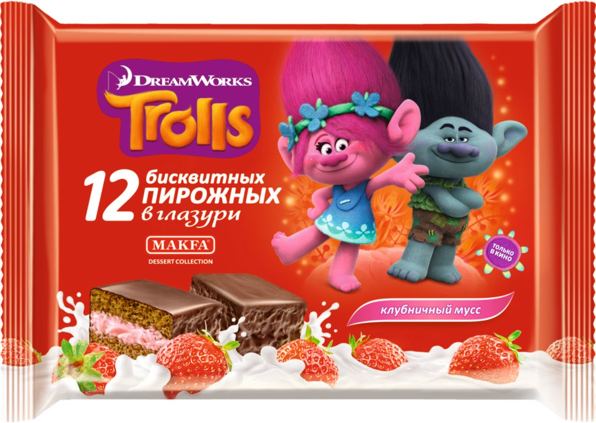 Makfa Trolls пирожное бисквитное Клубничный мусс, 216 г70530 Makfa Trolls пирожное бисквитное Клубничный мусс, 216 г70530Мягкий бисквит и много вкусной начинки Клубничный мусс, а сверху пирожные покрыты молочной глазурью! Пирожные TROLLS содержат натуральные молочные, яичные и какао-продукты. Идеальное лакомство для детей и взрослых!