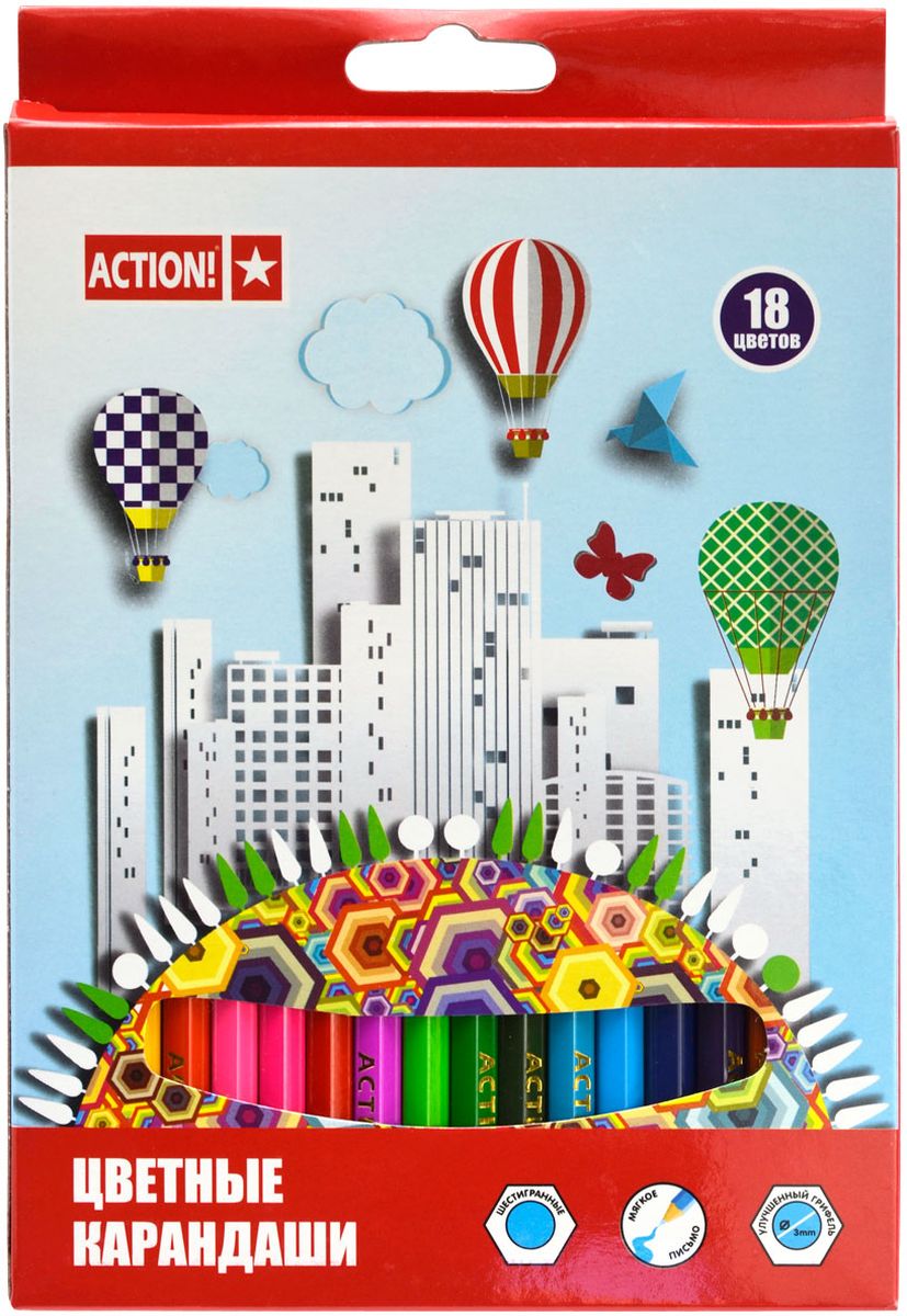 Action! Набор цветных карандашей 18 цветовACP360-18 Action! Набор цветных карандашей 18 цветовACP360-18Шестигранный корпус. Улучшенный грифель. 18 цветов. В картонной коробке с европодвесом.