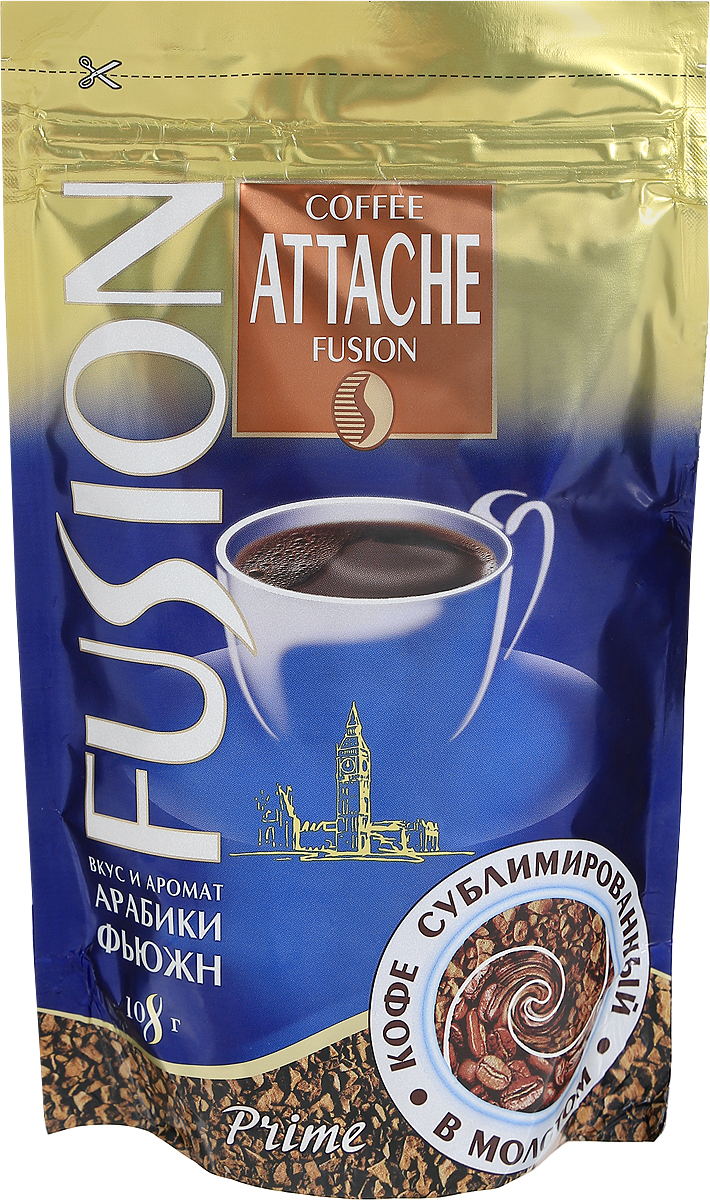 Attache Fusion Prime кофе растворимый, 108 г4600946000872 Attache Fusion Prime кофе растворимый, 108 г4600946000872Растворимый кофе Attache Fusion Prime - это уникальное слияние двух видов кофе - растворимого кофе и молотого. Уникальная технология напыления свежей натуральной Арабики тонкого помола на кристаллы растворимого кофе. В одном продукте скорость и удобство заваривания растворимого и живой аромат натурального кофе.