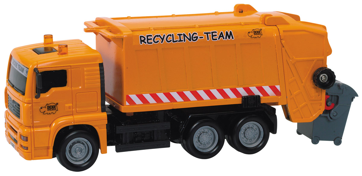 Dickie Toys Мусоровоз MAN City Team3744001_оранжевый Dickie Toys Мусоровоз MAN City Team3744001_оранжевыйПодарив ребенку мусоровоз Dickie Toys MAN. City Team вы можете не просто разнообразить его досуг, но еще и мотивировать для создания целой коллекции городской спецтехники. Выполнена модель из прочных и безопасных для ребенка материалов, в виде хорошо детализированного мусоровоза. Кузов машины поднимается, задняя дверца кузова открывается. Мусоровоз оснащен подъемным механизмом для опрокидывания мусорного бака (входит в комплект). Ваш будет увлеченно играть с мусоровозом, придумывая разные истории. Порадуйте его таким замечательным подарком!